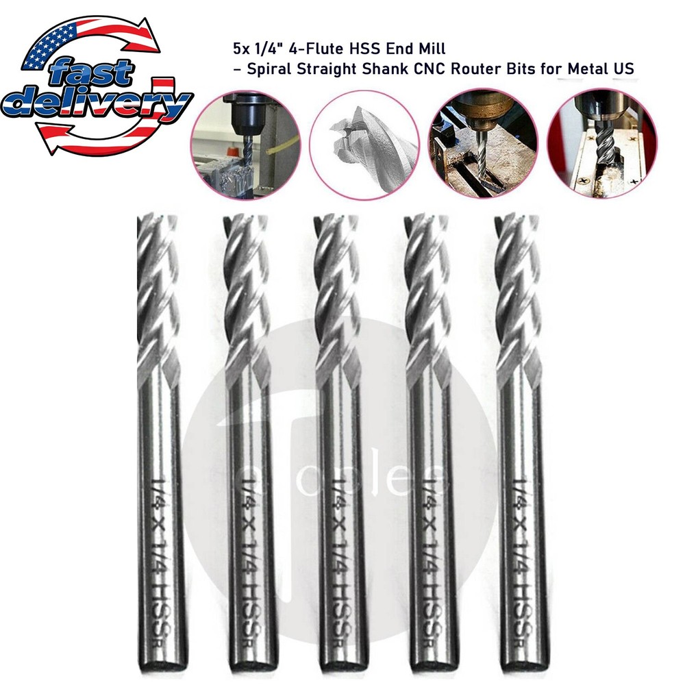 5x 1/4″ 4-Flute HSS End Mill –Spiral Straight Shank CNC Router Bits for Metal US