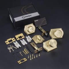 Satin Brass Door Knob with Lock, Exterior Door Lock Set with Deadbolt, Exteri…