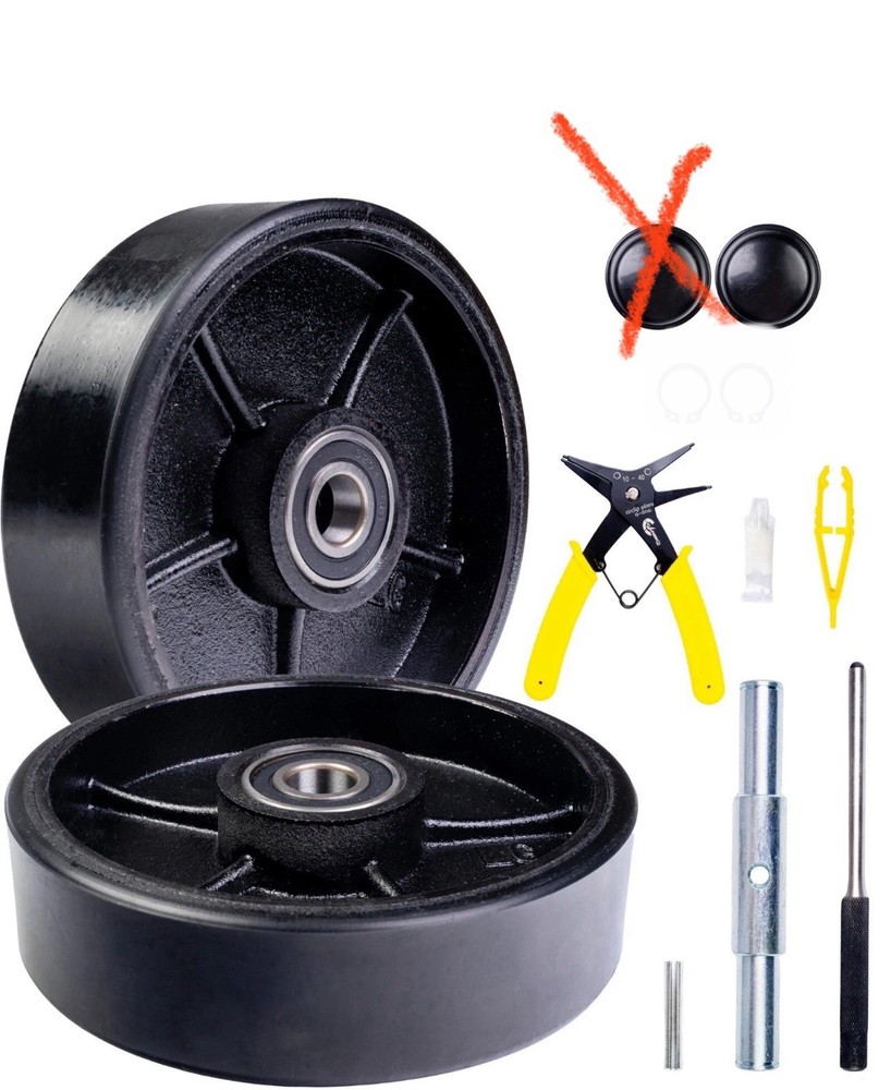 Pallet Jack/Truck Steering Wheels 7″ Set with Axle, Missing 1 Protective Cap