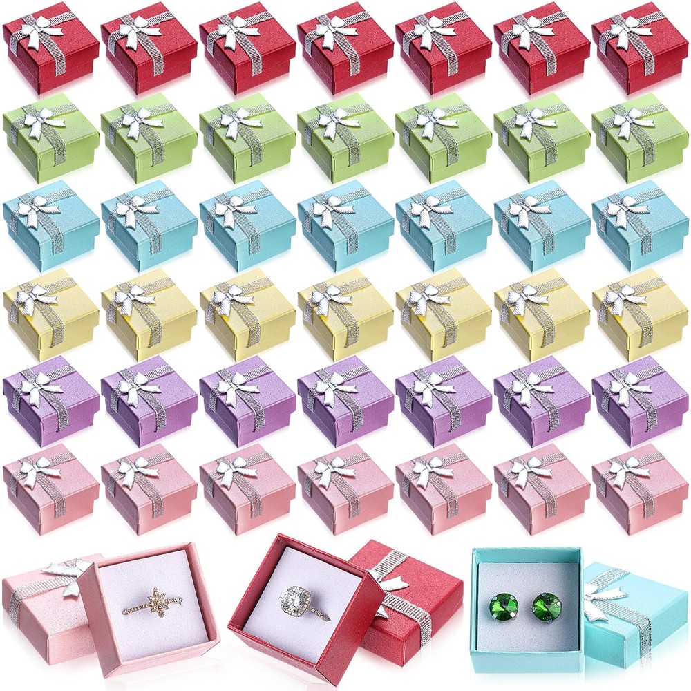 72 Pcs Ring Boxes Bulk Cardboard Jewelry Gift Box with Ribbon Bow 1.6 x1.6 x1.1″