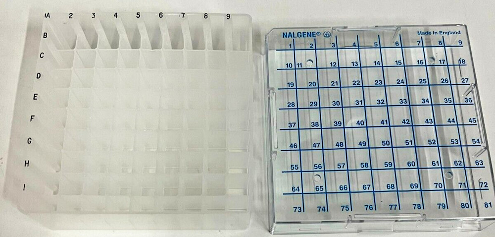 Nalgene 81-Place Microcentrifuge Storage Box – 1/2″ Openings