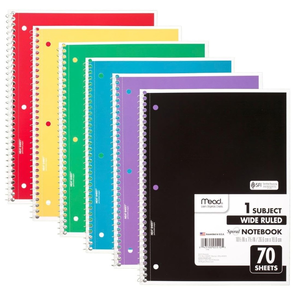 Mead Spiral Notebook, 6 Pack, 1 Pack of 6, Red,Yellow,Blue,Green,Purple,Black