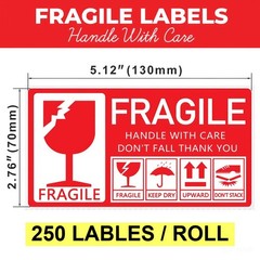 Fragile Stickers 1 Roll 250 Labels 2.76″ x 5.12″ Strong Adhesive Warning Labels