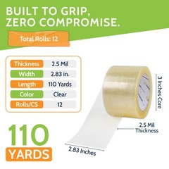 12 Pcs Clear Carton Sealing Tape 3″x 110 Yards (330 ft) 2.5 Mil Packing Box Tape