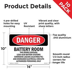 Battery Room Contains Lead OSHA Danger Sign Metal, Plastic, Decal 5 or 10 Pack