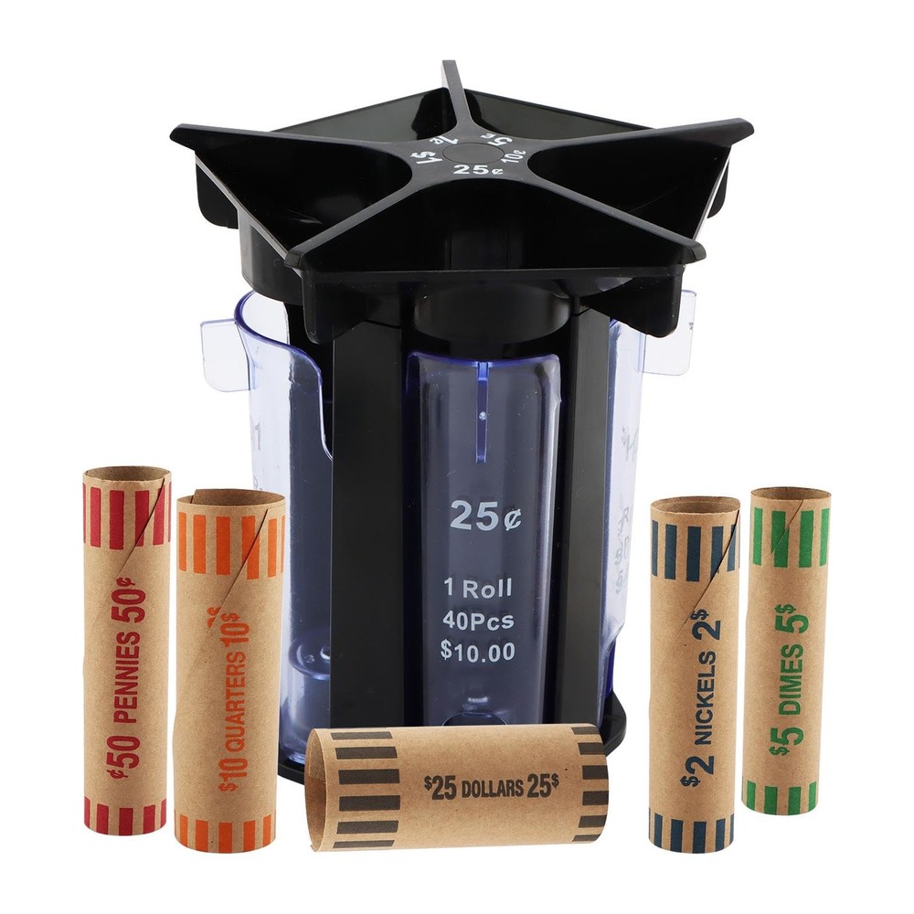 Coin Counter Sorter Tube, with Wrappers, 5-in-1 Change Machine, Organizer &