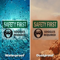 Goggles Required With Symbol OSHA SAFETY FIRST Sign Metal, Decal – 5 or 10 Pack