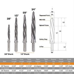 HSS M2 Taper Chucking Reamer Spiral Flute 4Pcs Set 3/8″-1/2″-5/8″-3/4″ cut hole