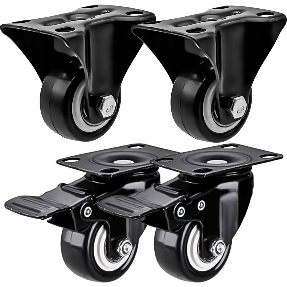 4 Pack Combo 1.5″ Inch All Black PU Caster Wheels (2 With Brake & 2 Rigid Fixed)