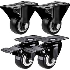 4 Pack Combo 1.5″ Inch All Black PU Caster Wheels (2 With Brake & 2 Rigid Fixed)