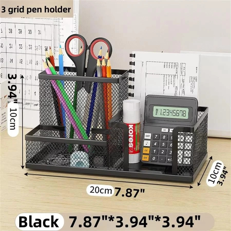 Black Mesh Desk Organizer 3 Compartments Pencil Holder Storage Baskets