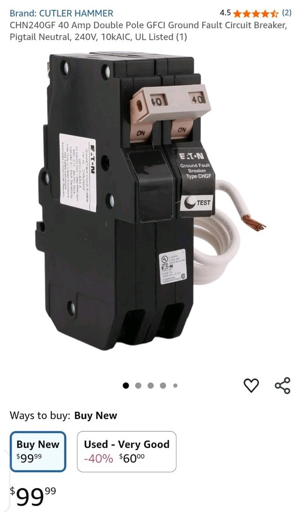 NEW Eaton CHN240GF 40 Amp 2 Pole GFCI Ground Fault Circuit Breaker Cutler Hammer