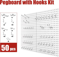 Peg Board 4 Pack Metal Pegboard Panels with 50 Hooks, White Pegboard Organizer