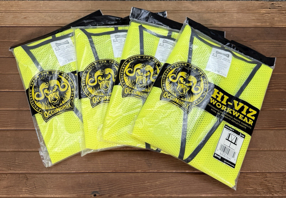 OccuNoMix Vest Adult 2X/3X Neon Yellow Hi Viz Type R Class 2 Set of 4 Workwear