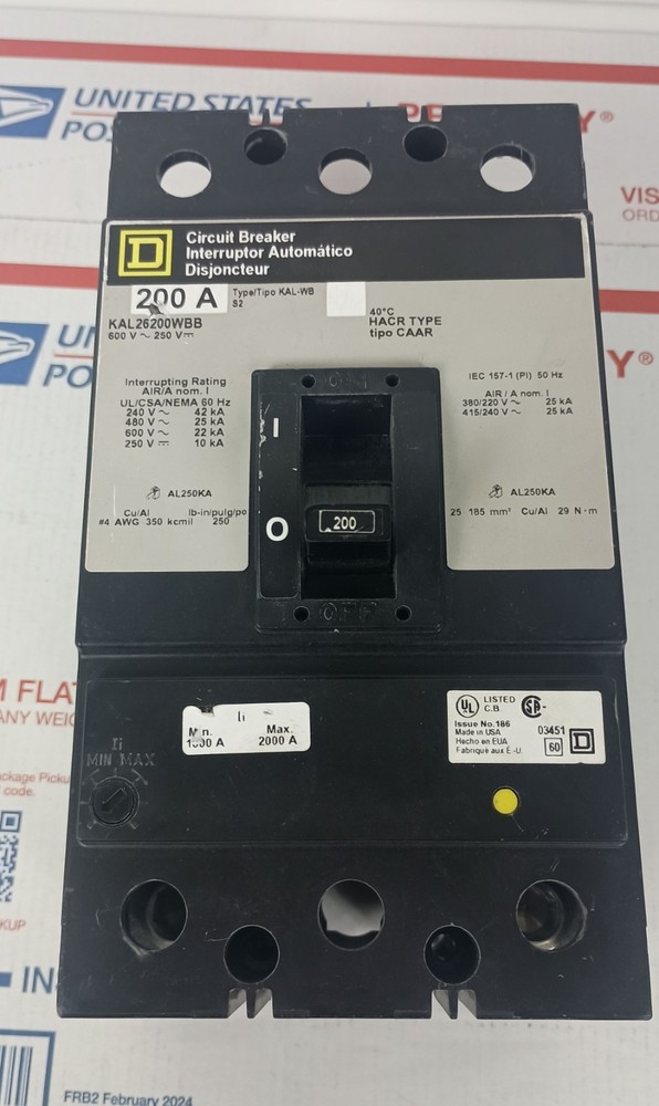 Square D KAL KAL26200 2 Pole 200 Amp 600v Gray Label I-Line Circuit Breaker “AK”
