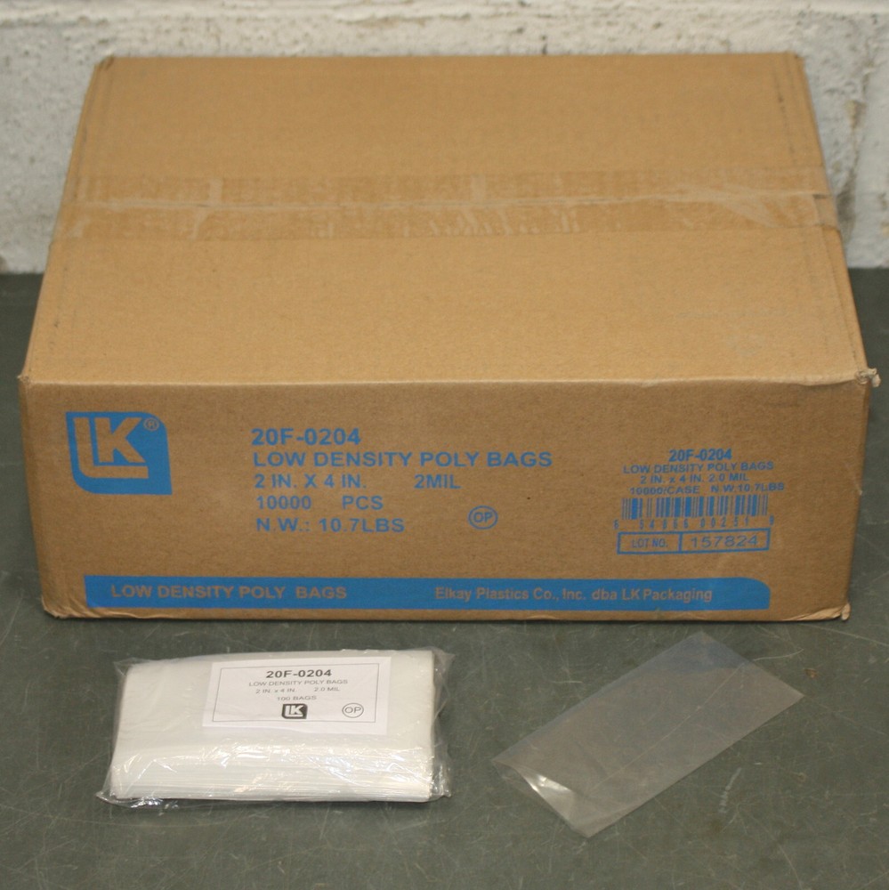 (10000) Elkay Open Top Poly Bags 20F-0204, 2″ x 4″ x 2 mil, LDPE Plastic, Flat