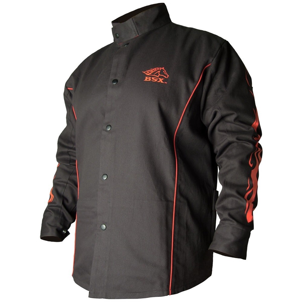 Black Stallion BSX 9oz Black w/Red Flames FR Welding Jacket (Medium) (BX9C)