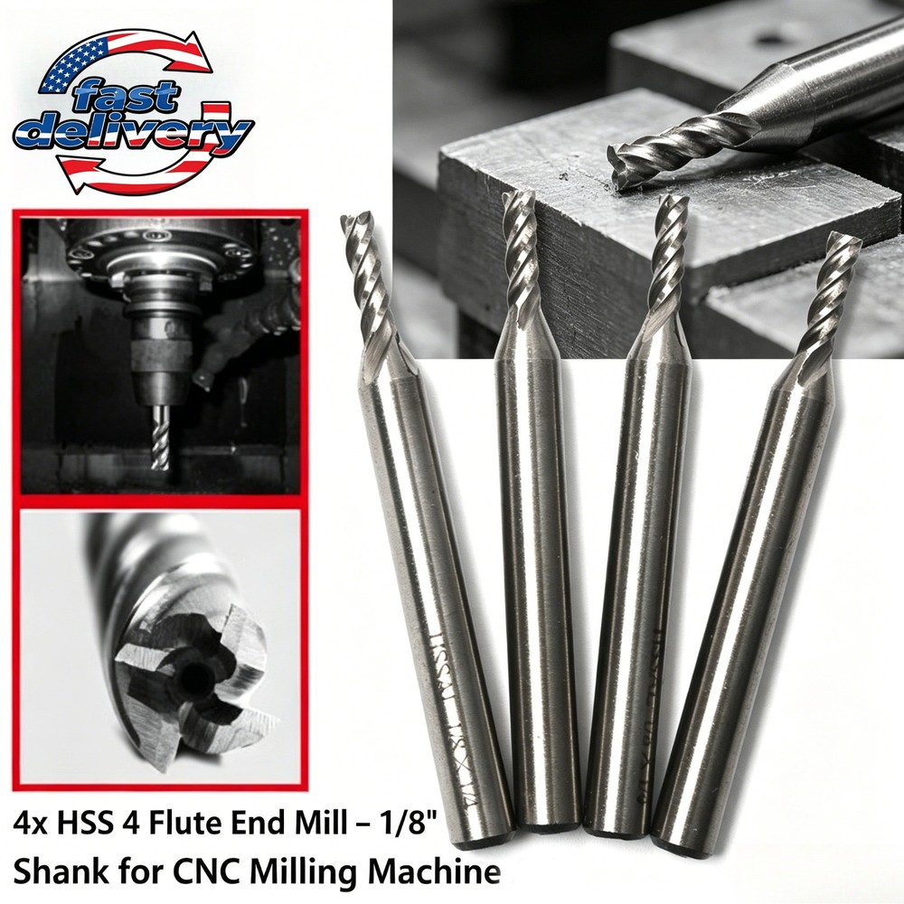 1/8″ x 1/4″ HSS End Mill Set 4pcs – 4 Flute Straight Shank Cutter for Metal &CNC