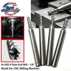 1/8″ x 1/4″ HSS End Mill Set 4pcs – 4 Flute Straight Shank Cutter for Metal &CNC