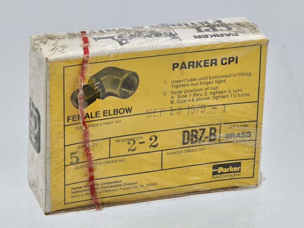 5 Lot NOS | PARKER 2- 2-DBZ-B CPI FITTING – Brass – Discontinued- 1970s