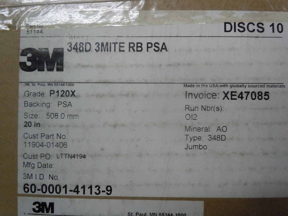 New 3m 51144 348d 3mite rb psa 20″ 180 grit adhesive back. case of 10 discs