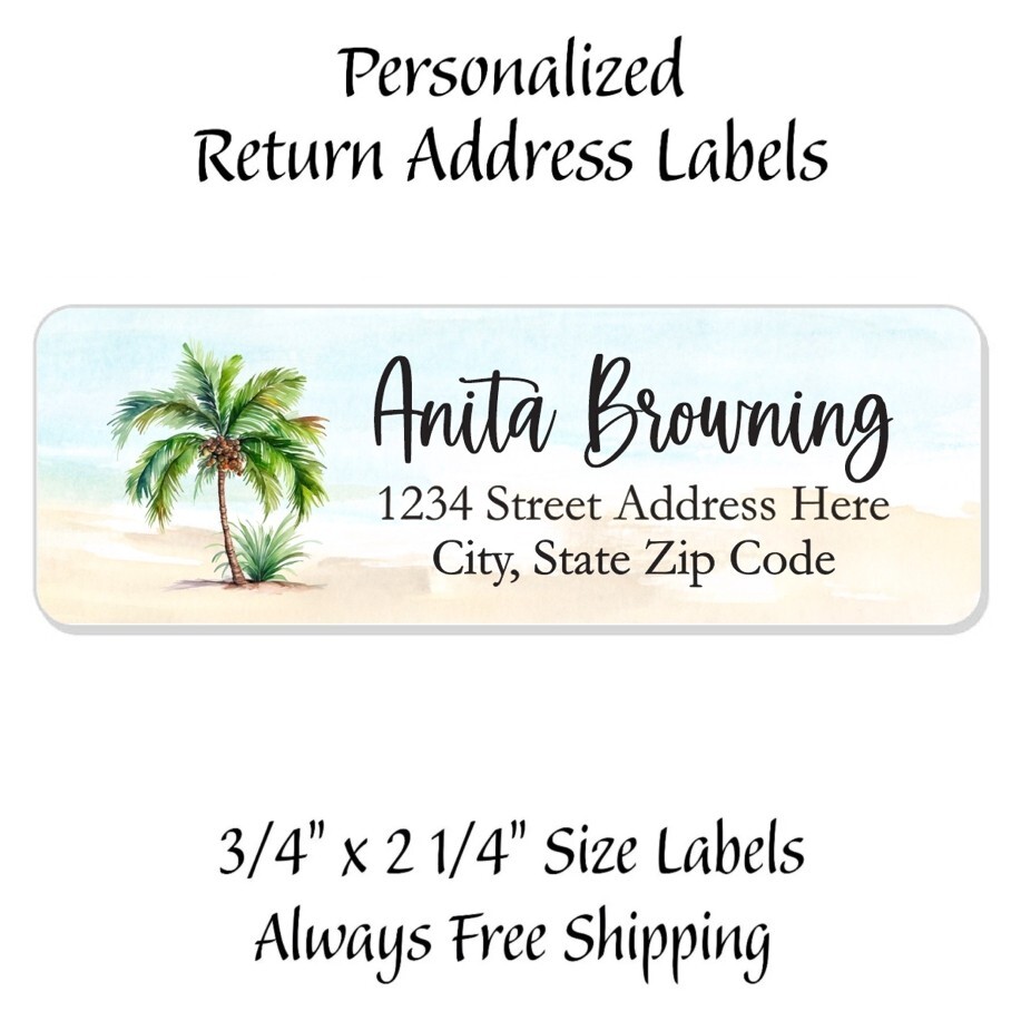 60 Return Address Labels Personalized Printed 3/4″ x 2 1/4″ Beach Scene