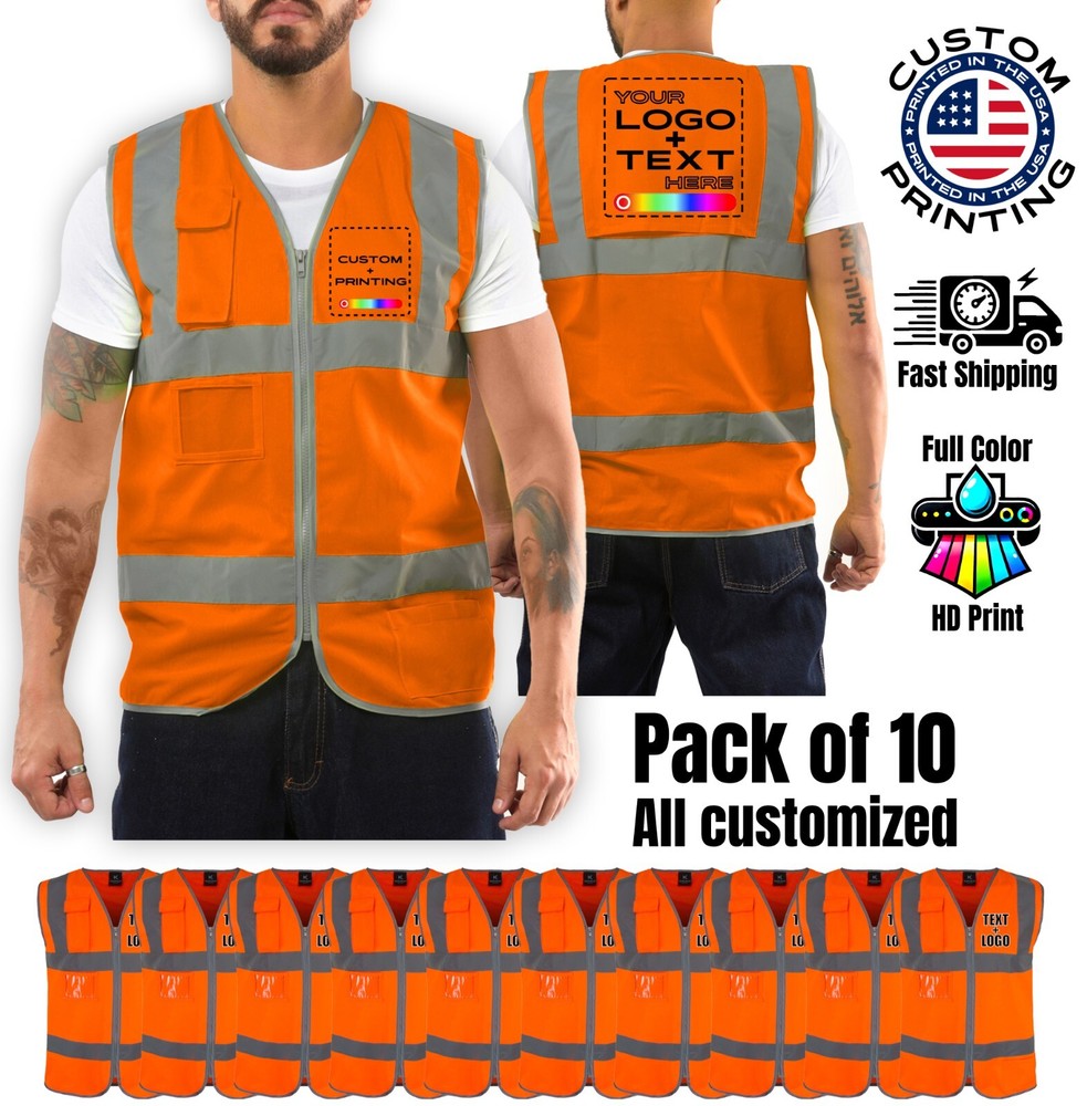 Pack of 10 Custom Hi-Vis Safety Vests – Full-Color Personalized Print