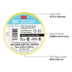 3M Temflex Multi-Purpose Vinyl Electrical Tape 165, Yellow, .75in x60 ft, 1 roll