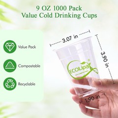 998 Compostable 9oz Cups, Plant-Based PLA Cold Cups, Party/Office Bulk
