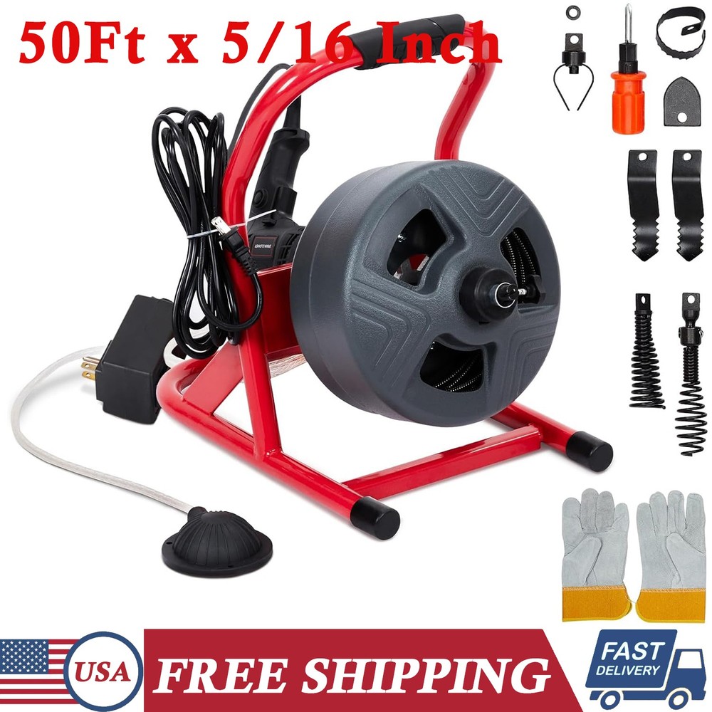 50 Ft x 5/16 Inch Drain Cleaner Machine Electric Drain Auger Cleaner Sewer Snake