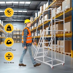 6 Step Rolling Ladder for Industrial & Warehouse w/ Handrails & 4 Lockable Wheel