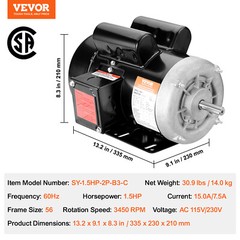 VEVOR 1.5HP Electric Motor 3450RPM AC115V/230V 56 Frame 1-Phase 5/8″ Keyed Shaft