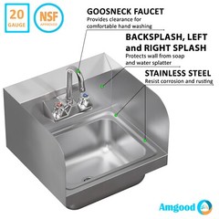 Stainless Steel Hand Sink 15 in x 15 in with Side Splashes and Gooseneck Faucet
