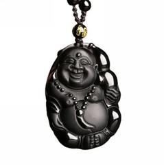 Natural crystal black obsidian laugh buddha necklace pendant Crystal Healing