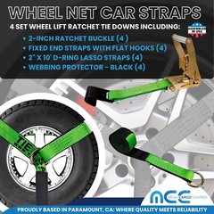 USA 4 Pack 2″ x10′ Side Mount Wheel Net Tie Down Ratchet w/Flat Hook Lasso Strap