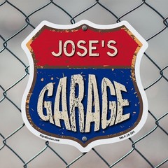Jose’s Garage Shield Shaped Sign Weather Resistant Crafted in the USA