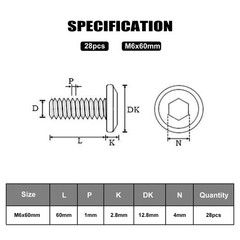 VGBUY M6-1.0 x 60 mm 28Pcs Flat Head Hex Socket Cap Screws Bolts,304 Stainles…