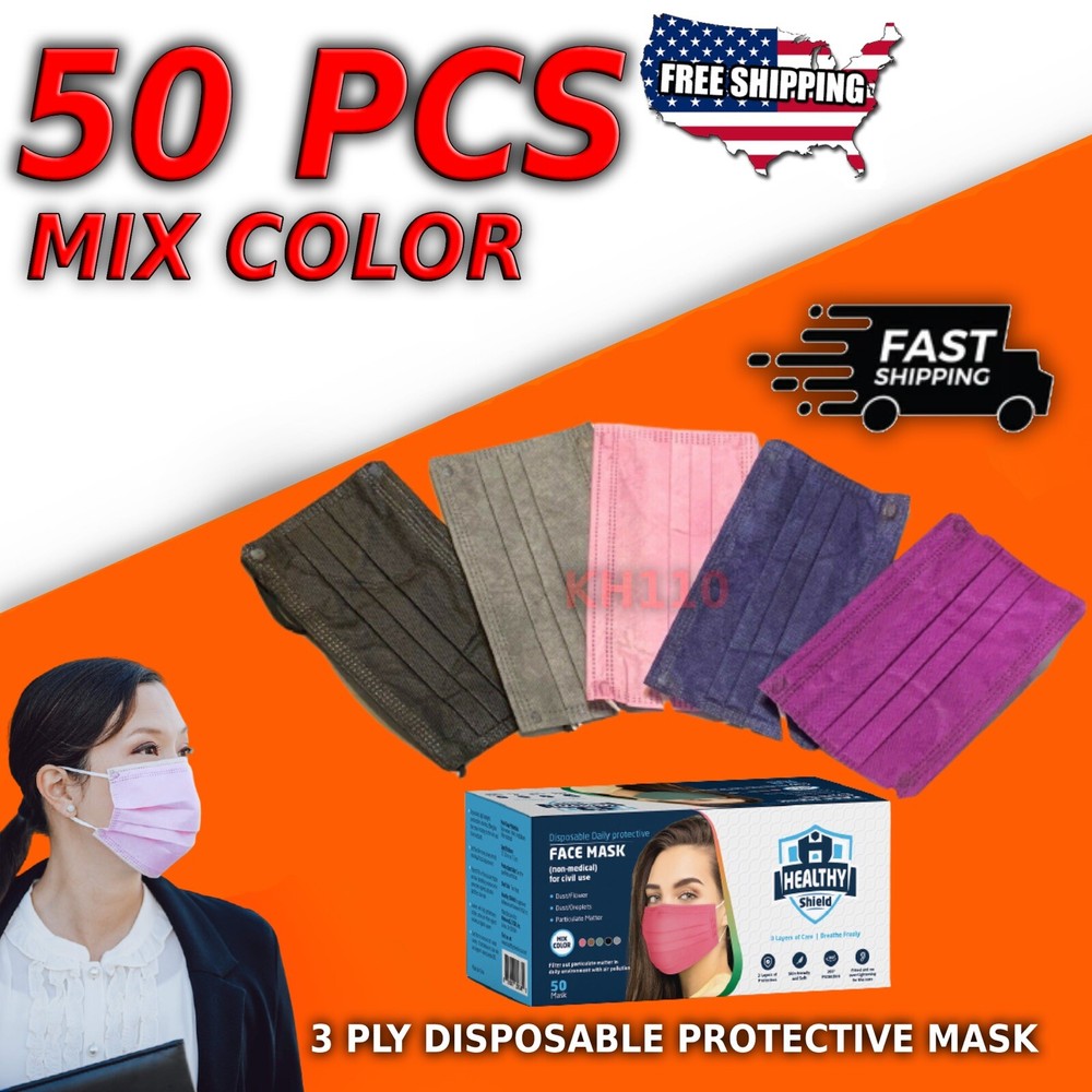 50 PCS Face Mask Non Medical Surgical Disposable 3-Ply Mouth Cover-Mix Color
