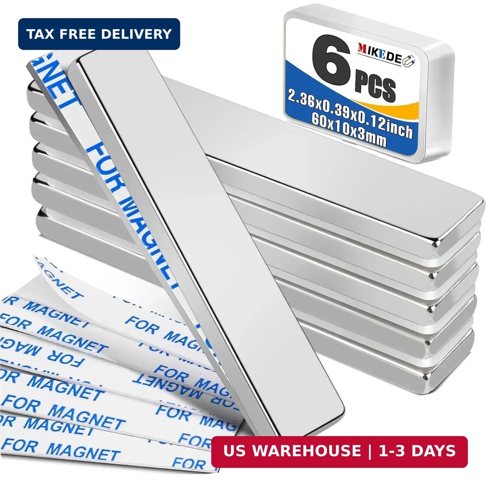 6-Pack Neodymium Magnets 2.36×0.39 inch – Extra Strong Adhesive & Rust-Resistant