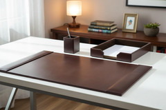 Brown Bonded Leather Luxury 3 Piece Desk Set – Blotter Pad & Desk Organization E