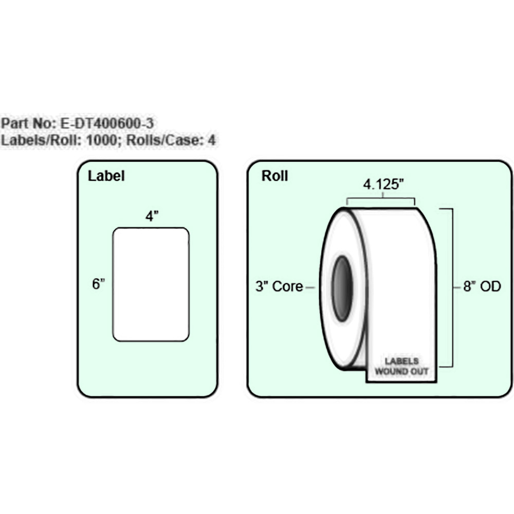 4×6 Direct Thermal Label, No Perf, 1000 Labels per roll, 4 rolls per case, 3″