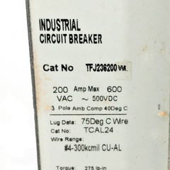 New General Electric TFJ236200WL Circuit Breaker 200A 600VAC 500VDC 3P Model 5