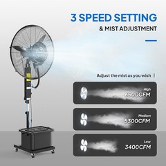 26” Industrial Misting Cooling Fan w/60° Oscillation, 3 Speeds 11Gal Water Tank