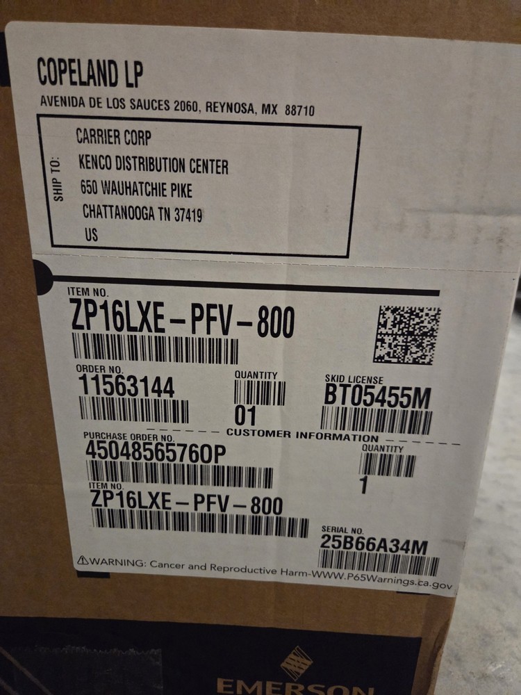 Copeland Scroll Compressor ZP16LXE-PFV-800, 1.5 Ton, 15,431 BTU R410A 1 PH