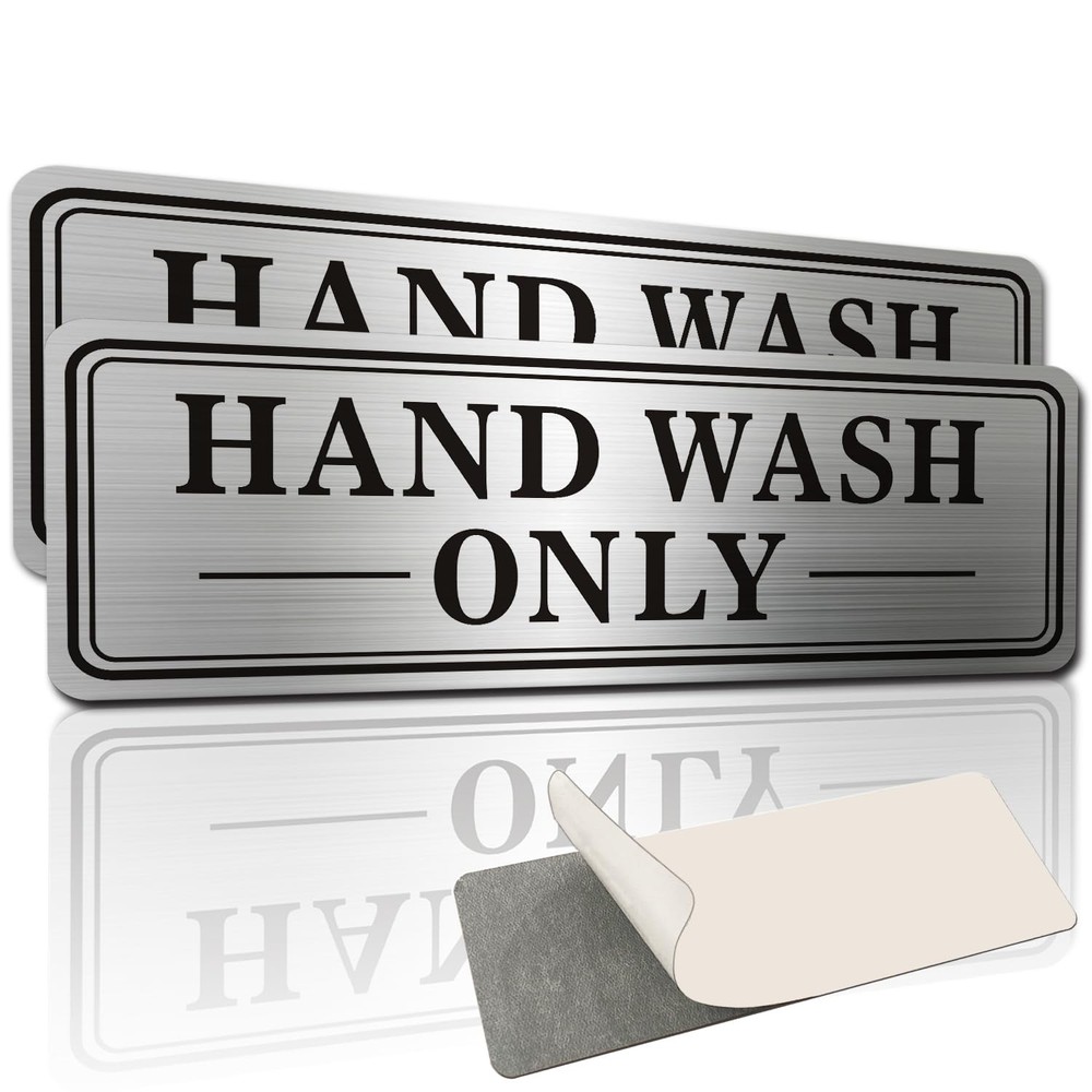 2 PCS Metal Stainless Steel Hand Wash Only Sign Self Adhesive 9×3 Inch
