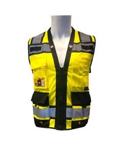 Safety green surveyor vest with tablet pocket.