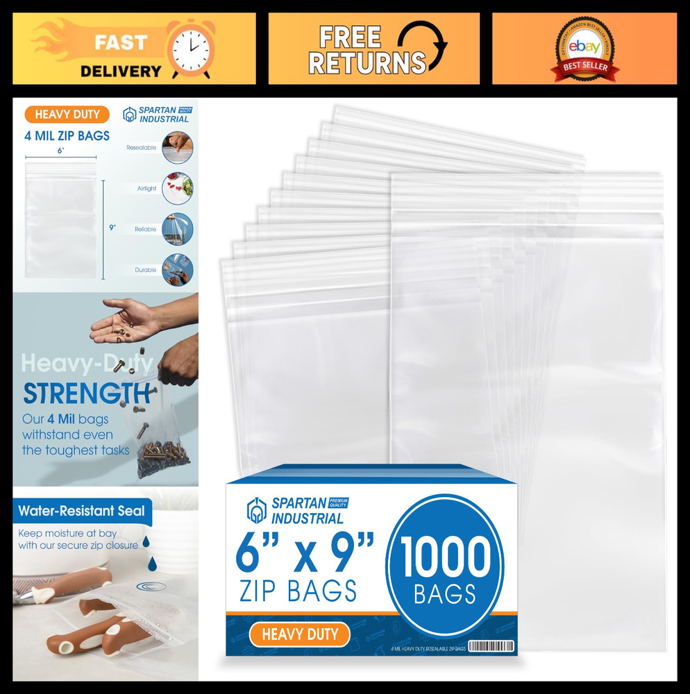 Thick Durable 6” x 9” Clear Reclosable Zip Plastic Bags – 1000 Count, 4 Mil Seal