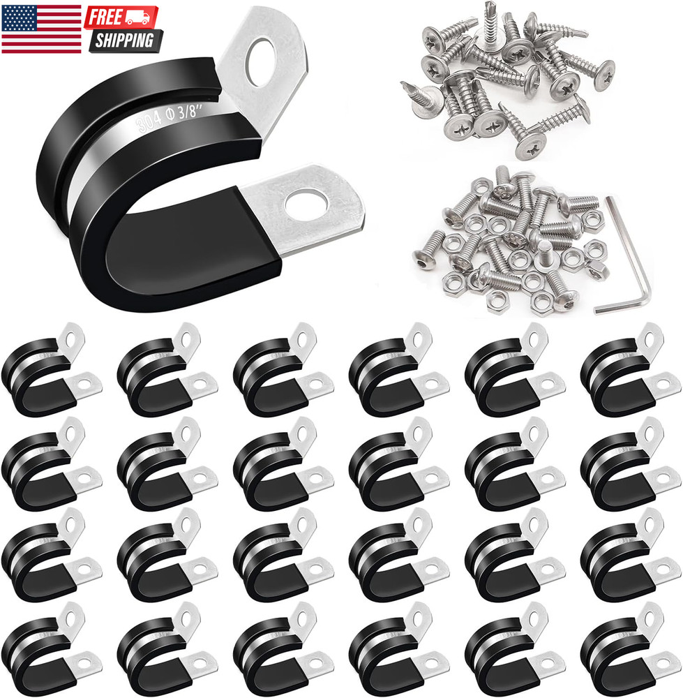 50PCS 3/8 Inch Cable Clamps 304 Stainless Steel Rubber Cushion Insulated Wire Cl