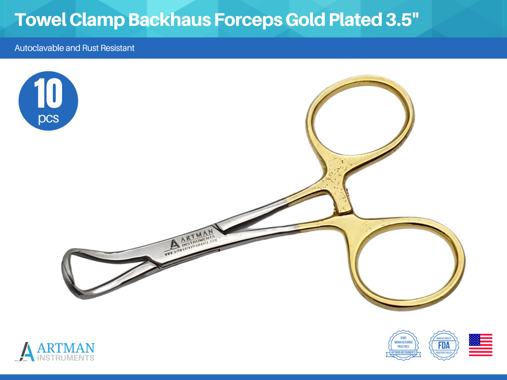 Towel Clamp 10pcs Backhaus Forceps Gold Plated 3.5″ Surgical instruments ARTMAN