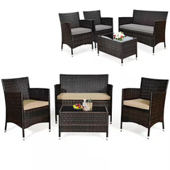 4-Piece Wicker Patio Conversation Furniture Set Sofa Chair with Brown and Grey C